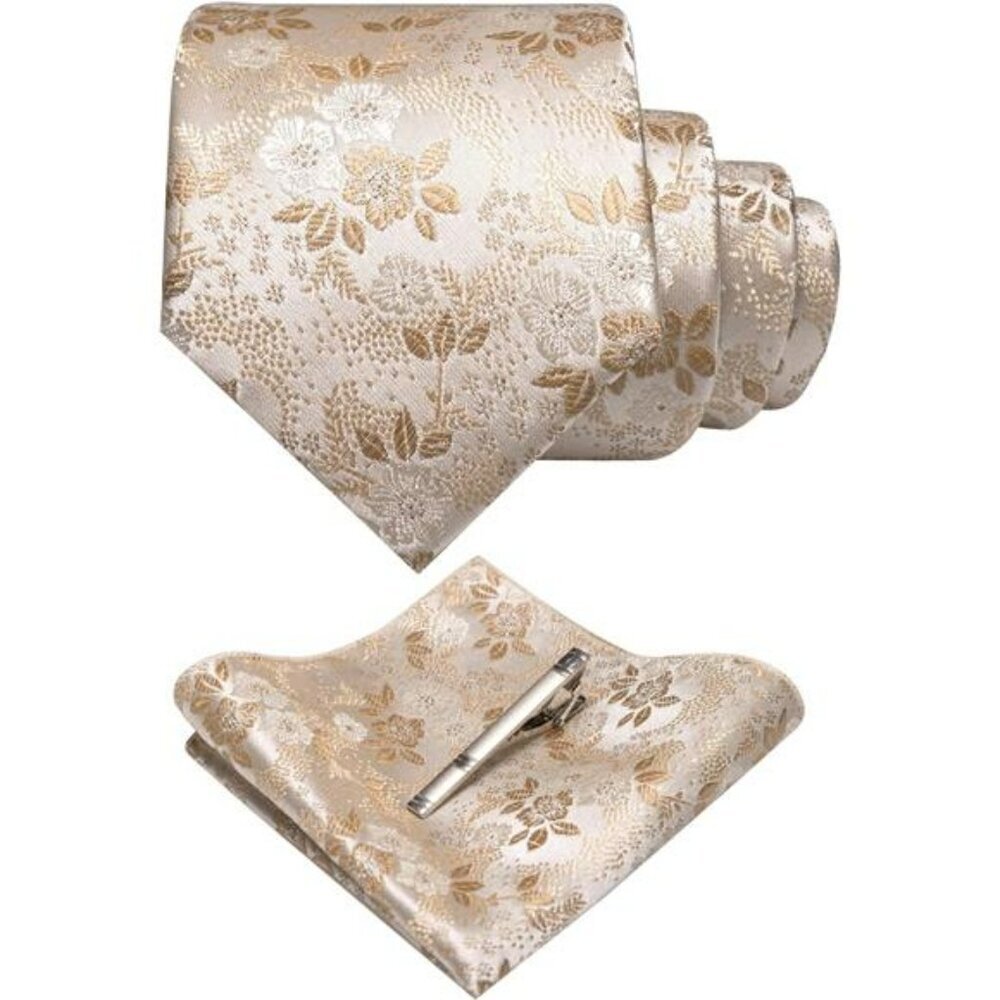 Floral Tie Set for Men Silk Necktie Pocket Square Tie Clip Wedding Formal